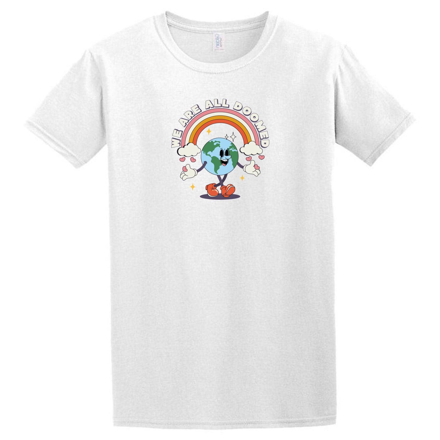 A Doomed T-Shirt from Twisted Gifts with an image of a man with a rainbow on his head.