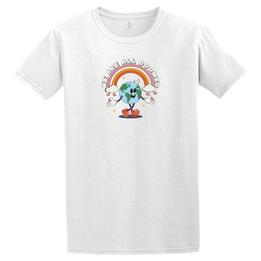 A Doomed T-Shirt from Twisted Gifts with an image of a man with a rainbow on his head.