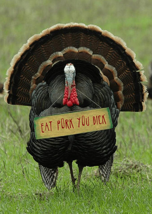 A funny turkey with a sign on its back, perfect for an Eat Pork Insulting Thanksgiving Card from Twisted Gifts.