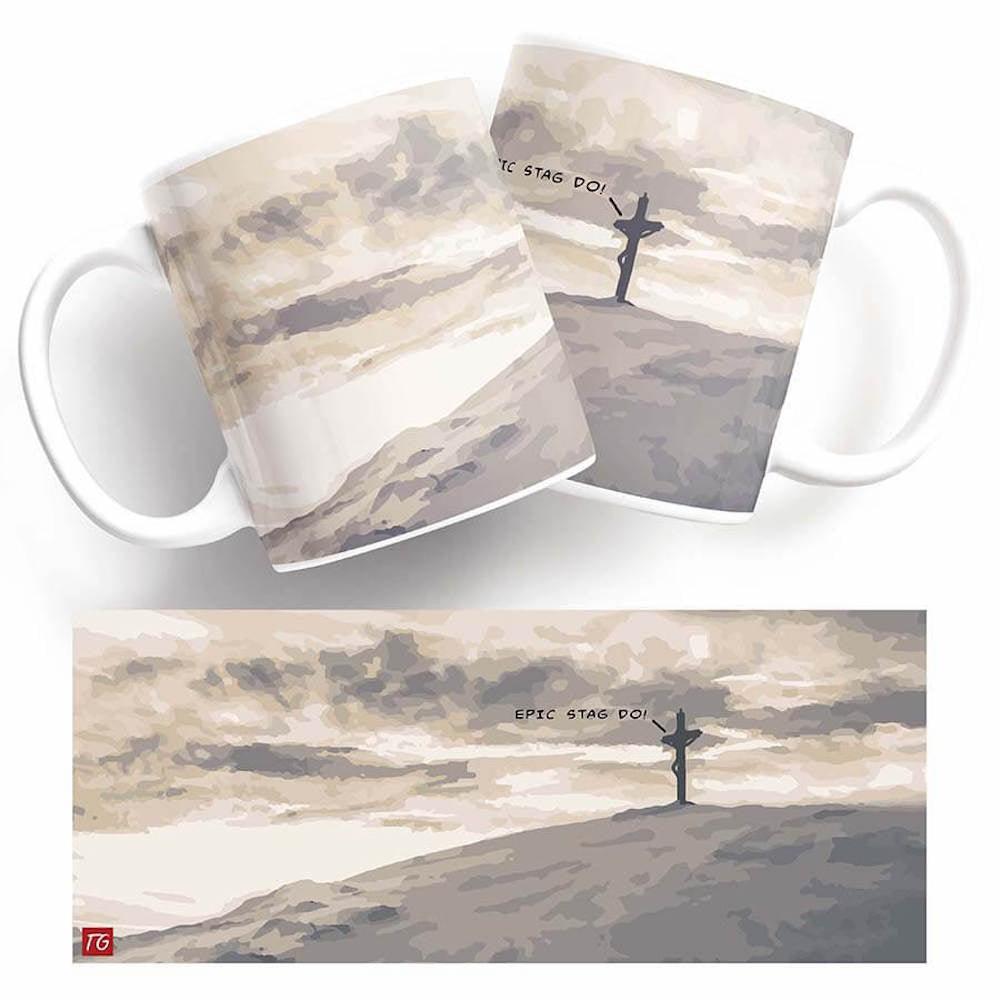 An Epic Stag Do Mug produced by Twisted Gifts, featuring an image of a man standing triumphantly on top of a hill, perfect for Stag Do celebrations.
