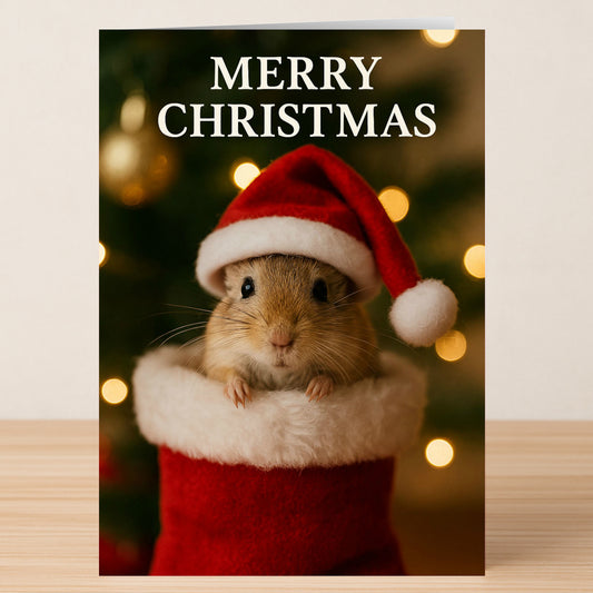 The Twisted Gifts Hamster Christmas Card features a cute rodent in a Santa hat inside a festive stocking with "MERRY CHRISTMAS" above—ideal for animal lovers or holiday greetings.