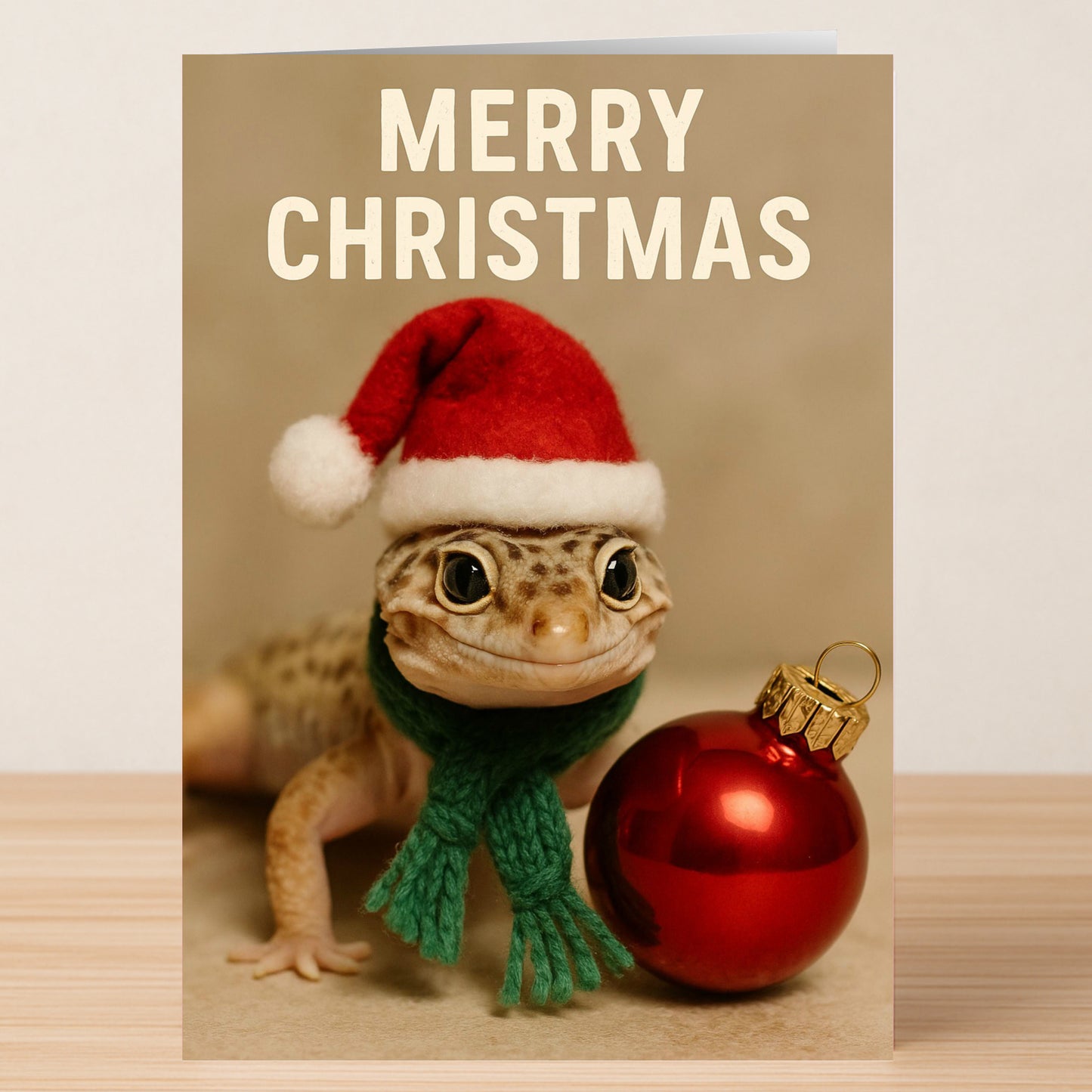The Lizard Christmas Card by Twisted Gifts features a festive gecko in a Santa hat and green scarf beside a red ornament, with "Merry Christmas" above—perfect for reptile lovers this holiday season.