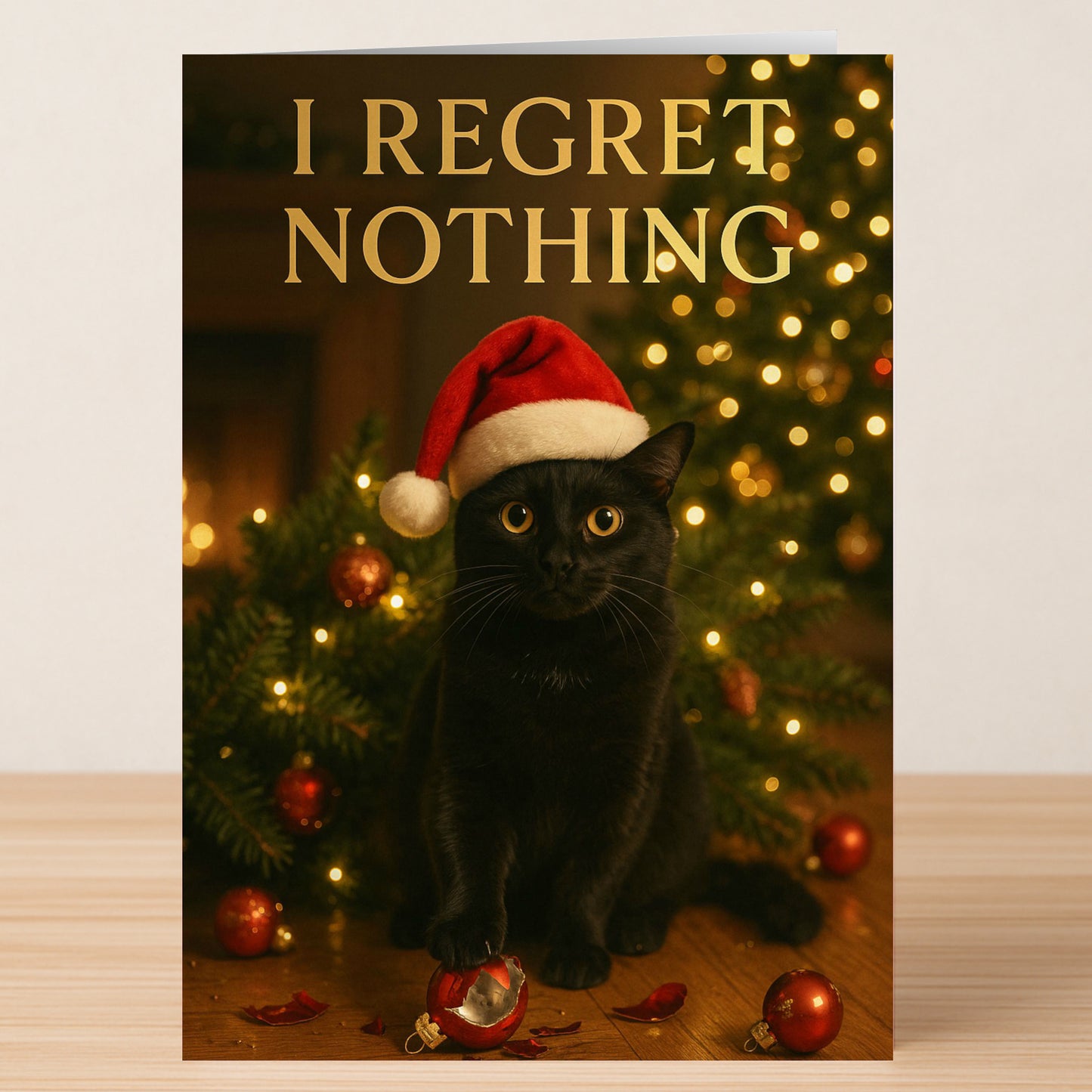 The Regret Nothing Christmas Card by Twisted Gifts shows a black cat in a Santa hat beside a Christmas tree and broken ornaments, with the funny message: "I REGRET NOTHING." Perfect for holiday humor!.