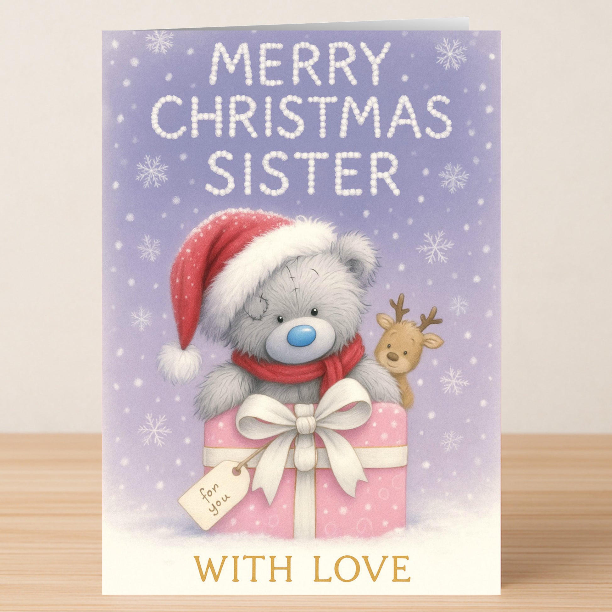 Twisted Gifts’ Sister Bear Christmas Card features a gray teddy in a Santa hat on a pink gift box with a "for you" tag, cuddling a reindeer. Text: "Merry Christmas Sister" and "With Love." The perfect card for your sister!.