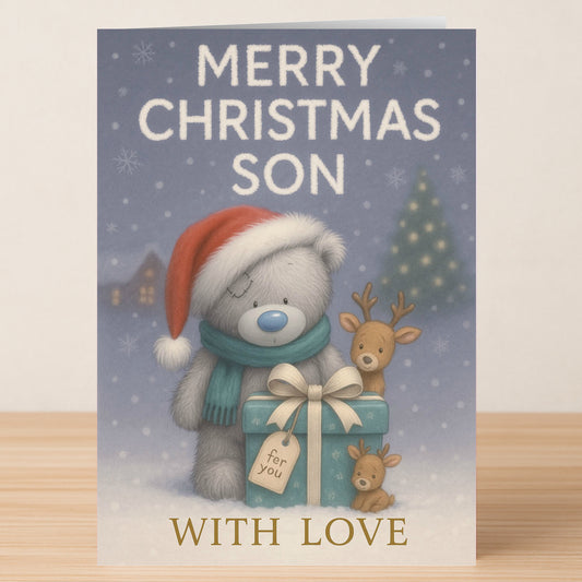 The Twisted Gifts Son Bear Christmas Card features a teddy bear in a Santa hat, a cheerful reindeer, and a festive gift, with the message "Merry Christmas Son" and "With Love.