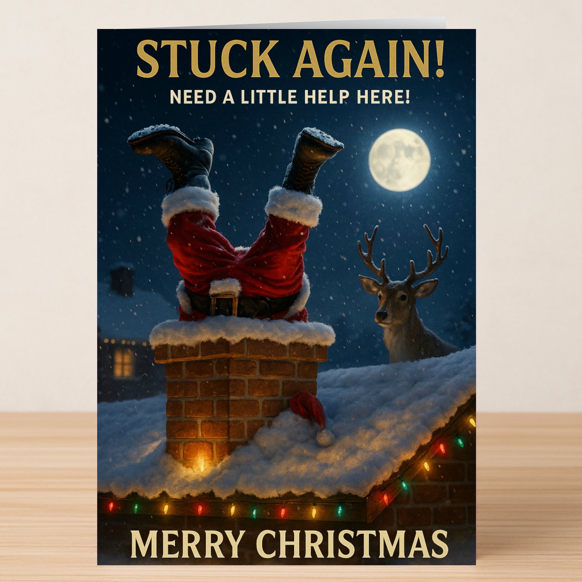 The Stuck Again Christmas Card by Twisted Gifts features Santa stuck in a snowy chimney at night, a reindeer nearby, and festive roof lights. The card reads: "STUCK AGAIN! MERRY CHRISTMAS.