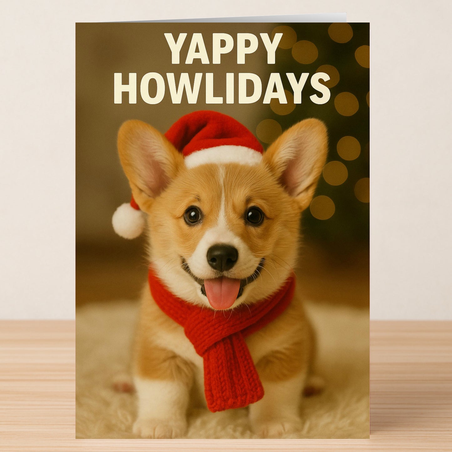 The Yappy Christmas Card from Twisted Gifts is perfect for dog lovers, featuring a corgi puppy in a Santa hat and red scarf with "Yappy Howlidays" above its head.