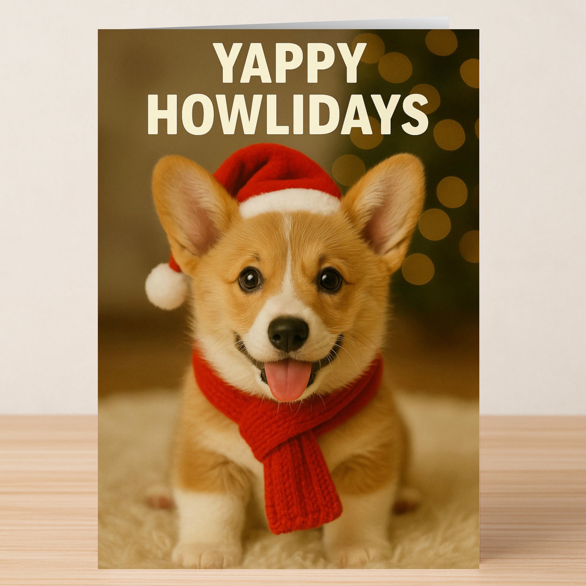 The Yappy Christmas Card from Twisted Gifts is perfect for dog lovers, featuring a corgi puppy in a Santa hat and red scarf with "Yappy Howlidays" above its head.