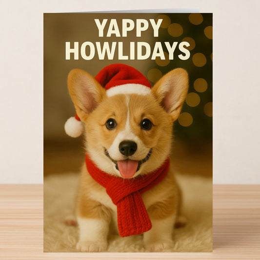 The Yappy Christmas Card from Twisted Gifts is perfect for dog lovers, featuring a corgi puppy in a Santa hat and red scarf with "Yappy Howlidays" above its head.