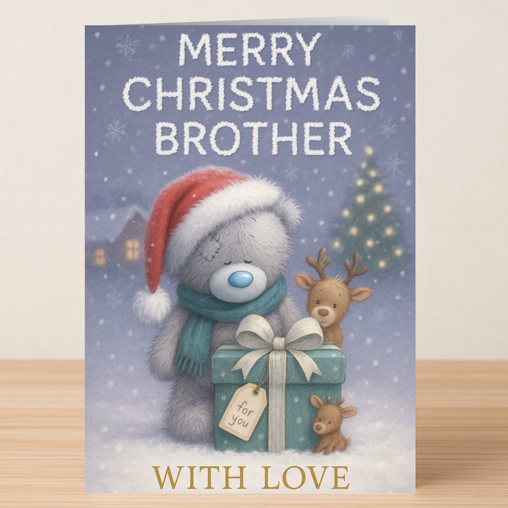 Send festive cheer with the Brother Bear Christmas Card from Twisted Gifts—a cute bear in a Santa hat, two reindeer, and "Merry Christmas Brother" make it the perfect holiday greeting for your brother.