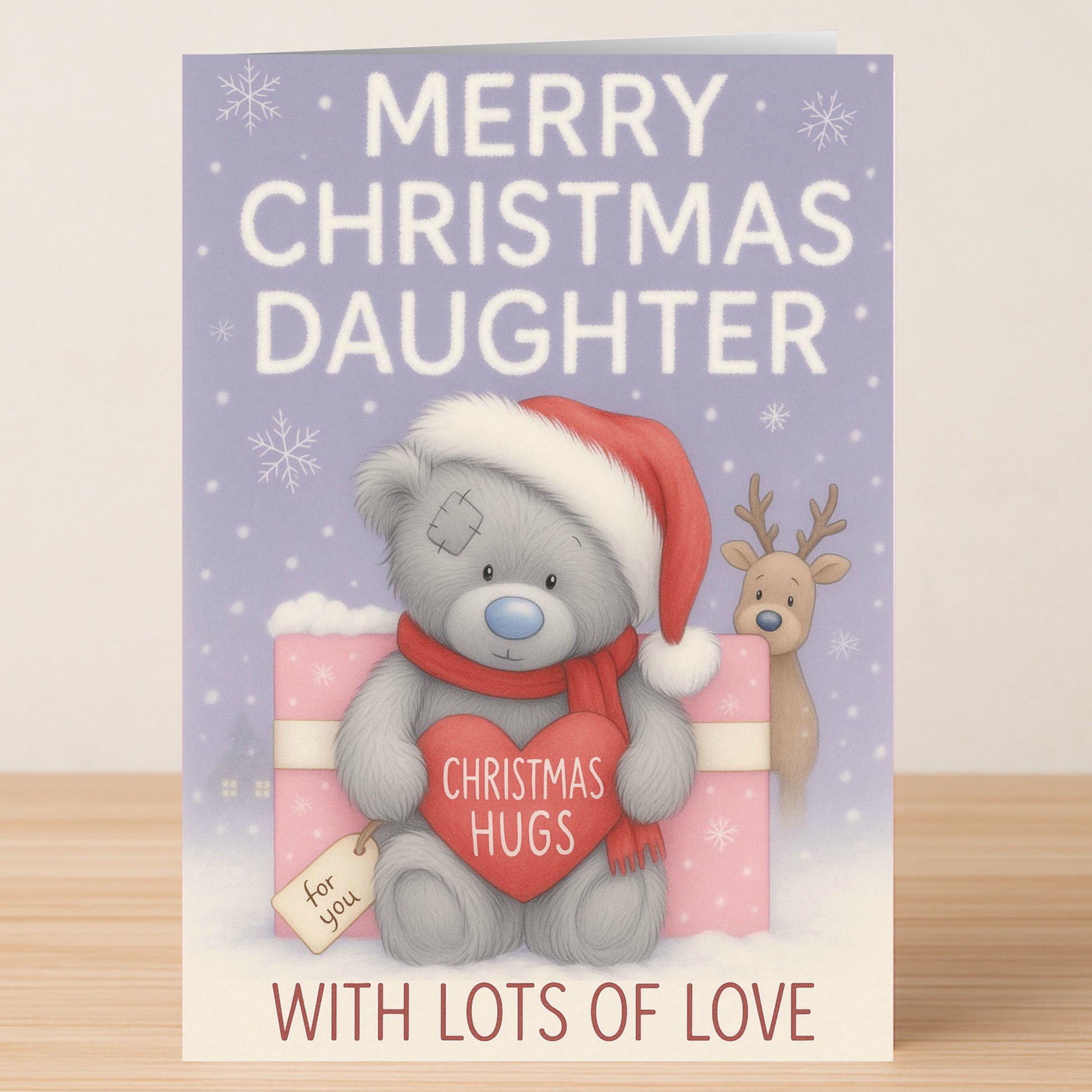 The Daughter Bear Christmas Card by Twisted Gifts features a teddy in a Santa hat with a red heart reading "Christmas Hugs," pink gift, and "Merry Christmas Daughter"—a sweet holiday card filled with lots of love.