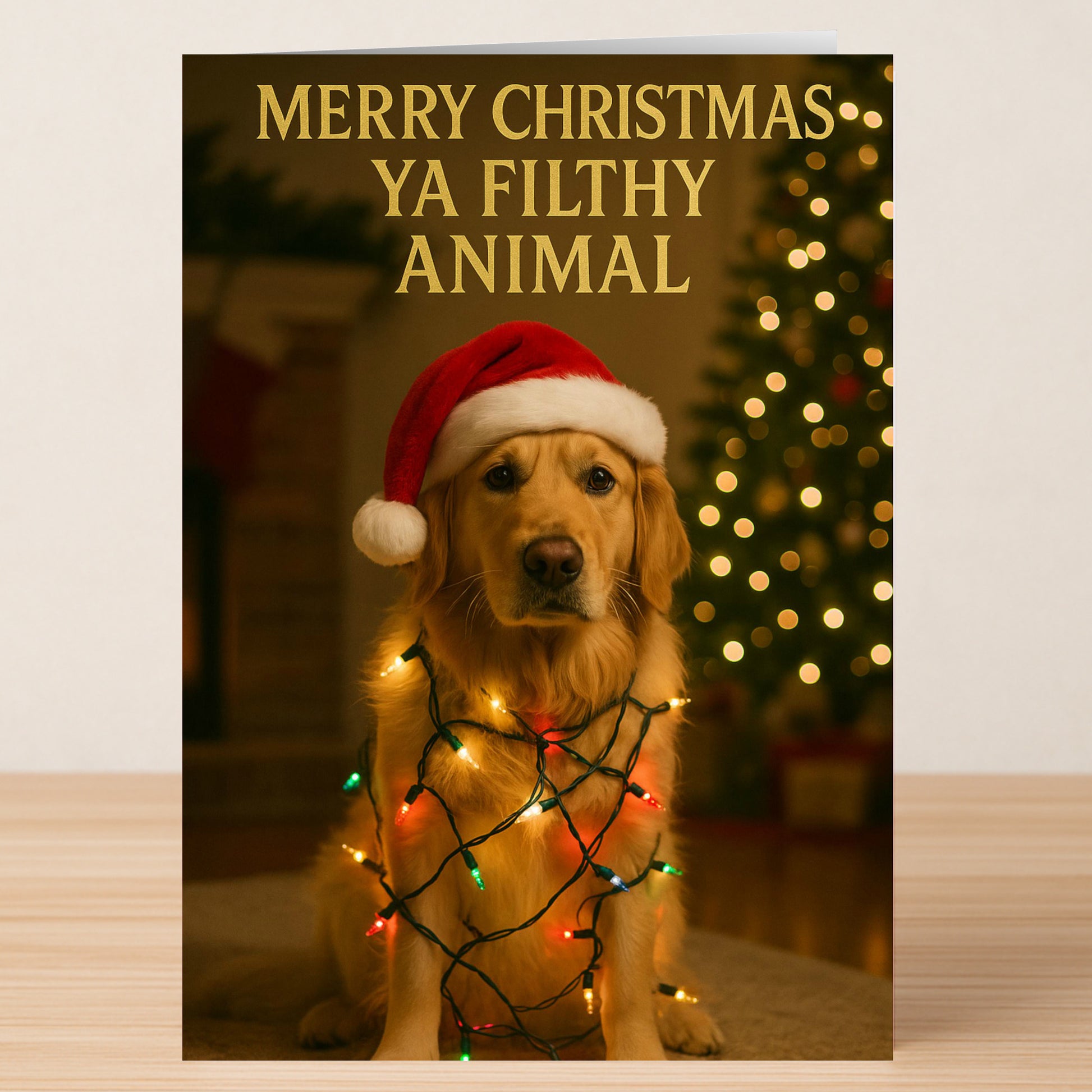 The Filthy Animal Christmas Card by Twisted Gifts features a golden retriever in a Santa hat and Christmas lights, sitting by a tree with “Merry Christmas- Ya Filthy Animal”—the perfect funny holiday card for any dog lover!.