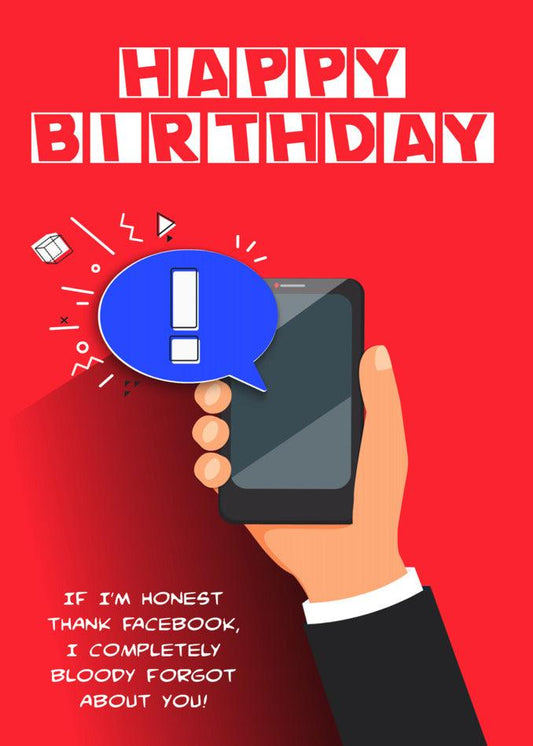 A person holding a Facebook Funny Birthday Card with the message happy birthday, sharing it on Twisted Gifts.