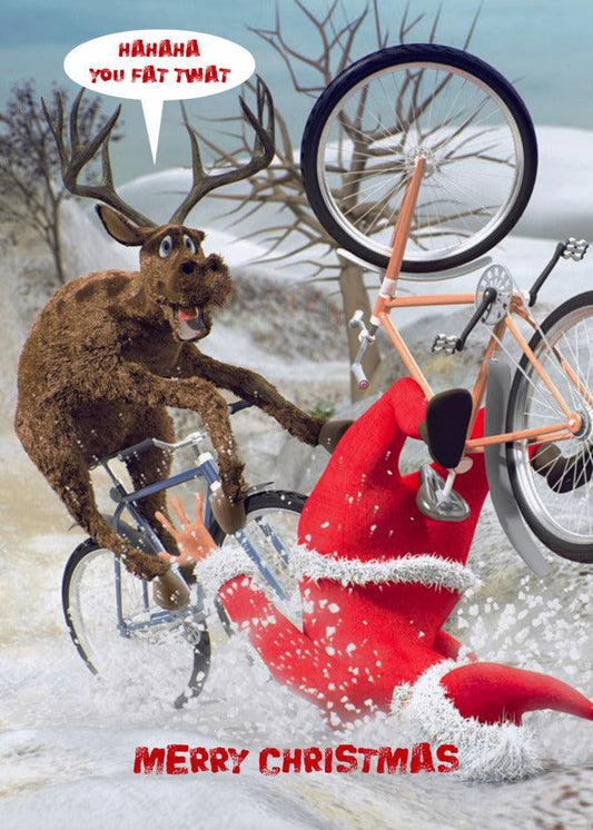 A hilarious Fat Twat Funny Christmas Card featuring a reindeer riding a bicycle from Twisted Gifts.