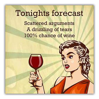 A woman holds a glass of wine and the text says tonight's [Twisted Gifts] Forecast Coaster. This hilarious coaster, cork backed, is the perfect addition to your collection of twisted gifts.