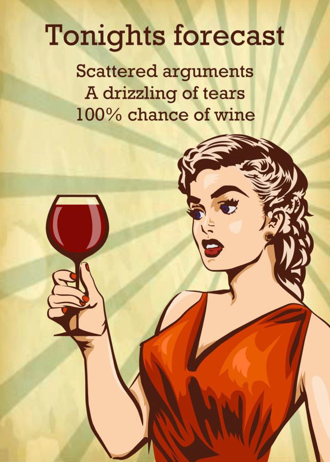 Description: A Twisted Gifts Forecast Funny Greeting Card with a woman holding a glass of wine, portraying tonight's forecast.
