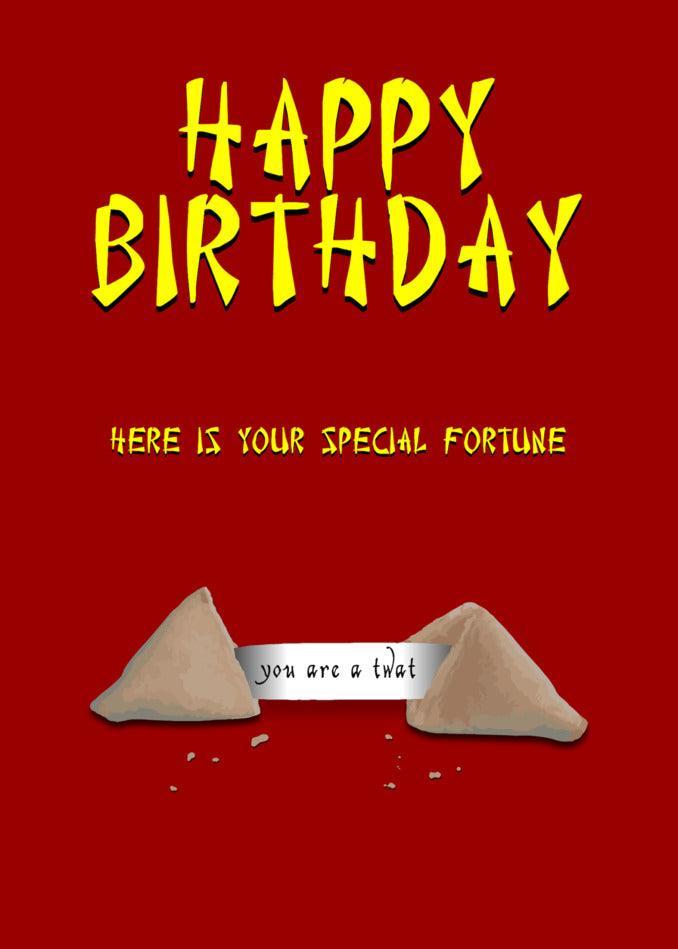 A Twisted Gifts Fortune Cookies Insulting Birthday Card with a fortune cookie on a red background.