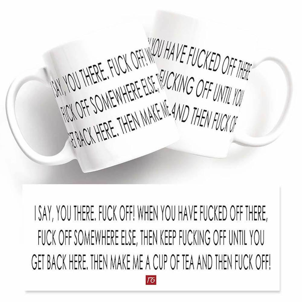 Two top quality Twisted Gifts 11oz Fuck Off Tea Mugs with a message on them, dishwasher safe.