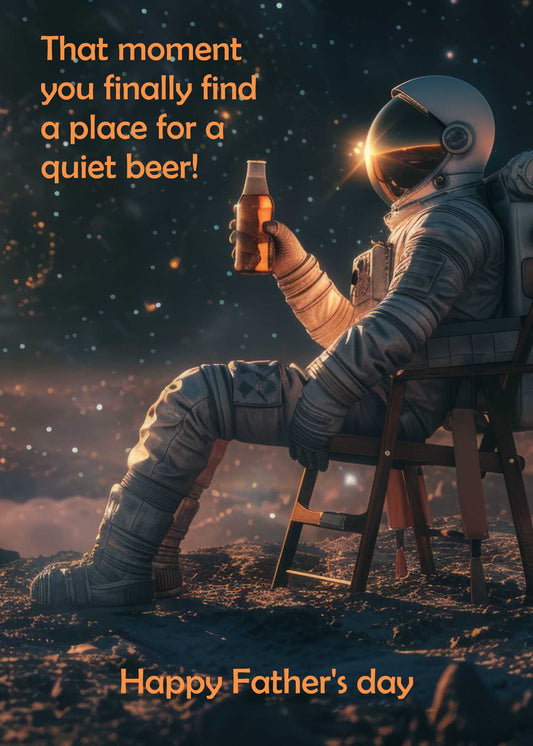 An astronaut sitting on a chair in a space environment, holding a beer with a glowing cosmos backdrop. Text reads, "That moment you finally find a place for a quiet beer! Happy Father's Day." Quiet Beer Funny Fathers Day Card by Twisted Gifts.