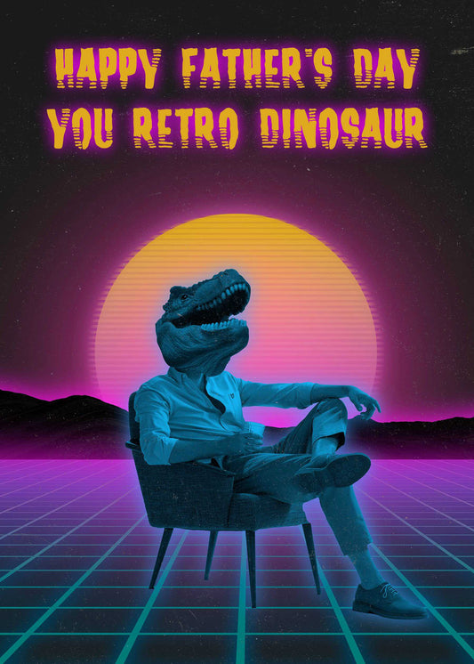 A man with a dinosaur head, dressed in business attire, sits casually in a chair. The text above reads, "Happy Father's Day You Retro Dinosaur" against a neon sunset background. It's the perfect funny Father's Day card for the dad with a sense of humor—truly the best dad ever! Introducing the Retro Dino Funny Fathers Day Card from Twisted Gifts.