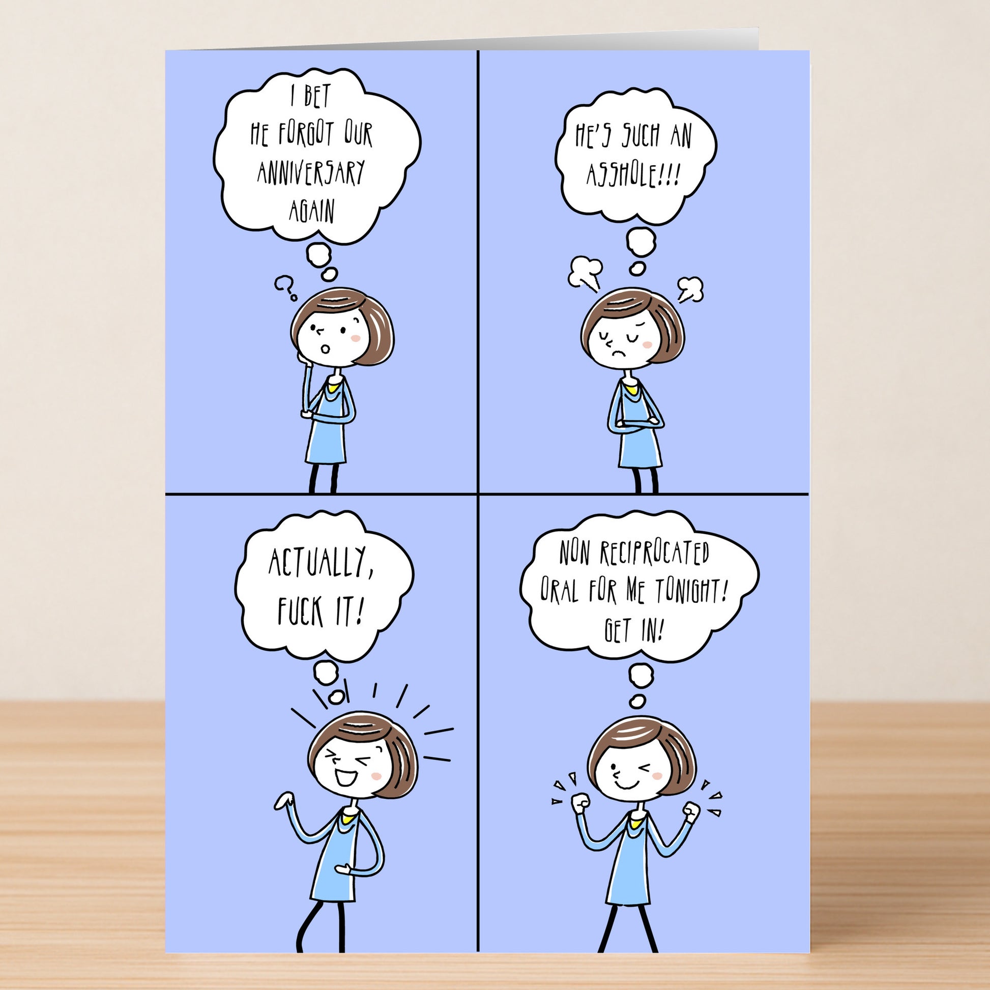 The He Forgot Funny Anniversary Card by Twisted Gifts features a four-panel comic of a woman humorously annoyed at her partner for forgetting their anniversary, ending with a cheeky twist—perfect for couples who love to laugh!.