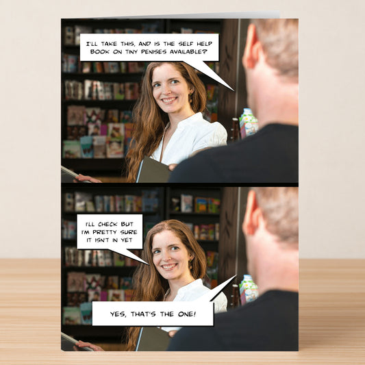 A witty woman chats with a male customer behind the counter about a self-help book on tiny penises, echoing the cheeky humor of Twisted Gifts' "In Yet Rude Greeting Card.