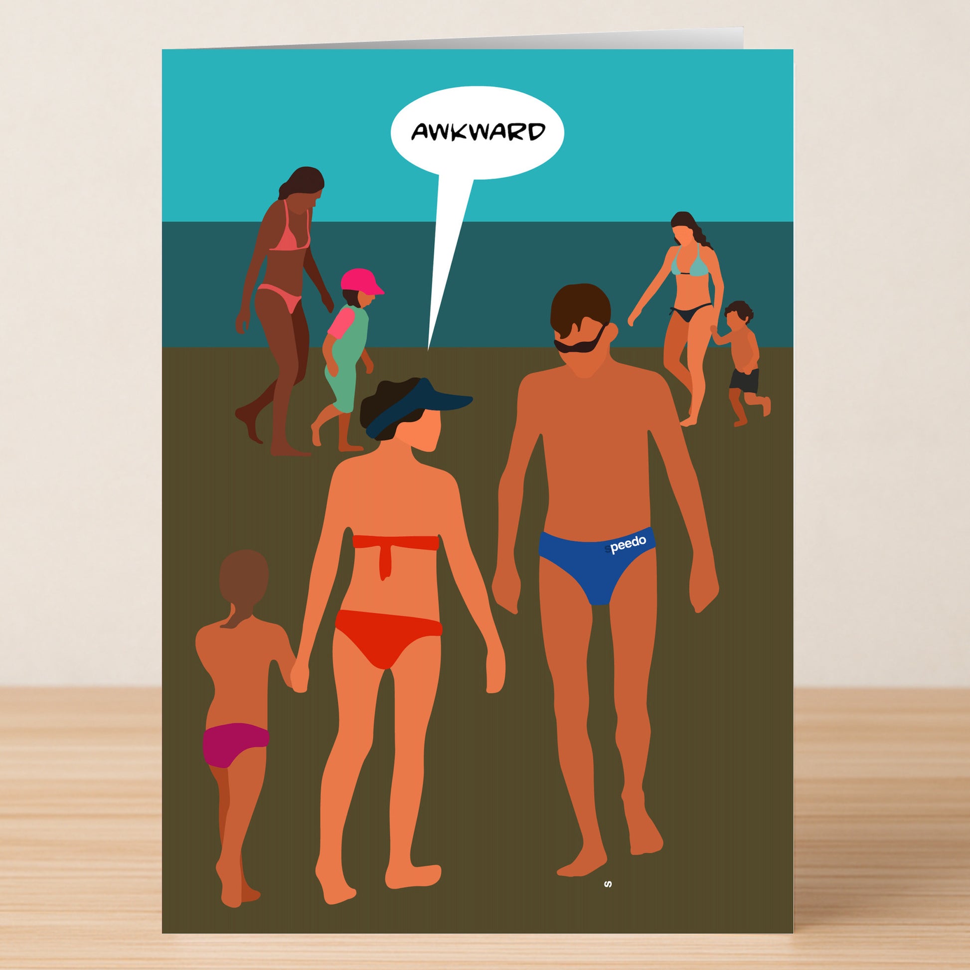 The Awkward Rude Greeting Card by Twisted Gifts features a witty cartoon of a woman in a red bikini saying "AWKWARD" to a man in blue Speedos at the beach—an entertaining choice for any occasion.