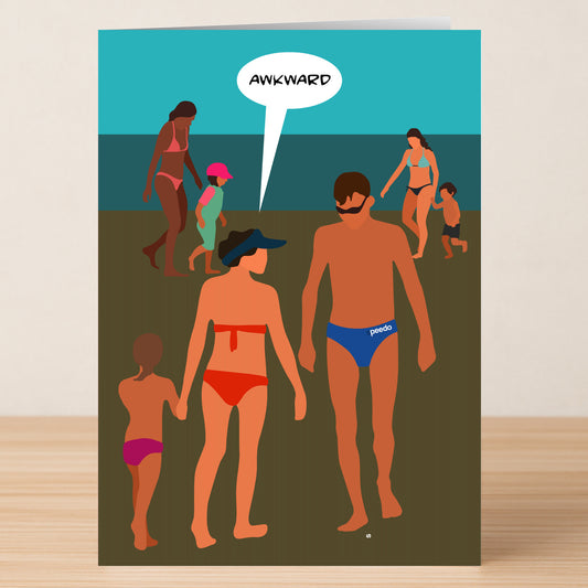 The Awkward Rude Greeting Card by Twisted Gifts features a witty cartoon of a woman in a red bikini saying "AWKWARD" to a man in blue Speedos at the beach—an entertaining choice for any occasion.