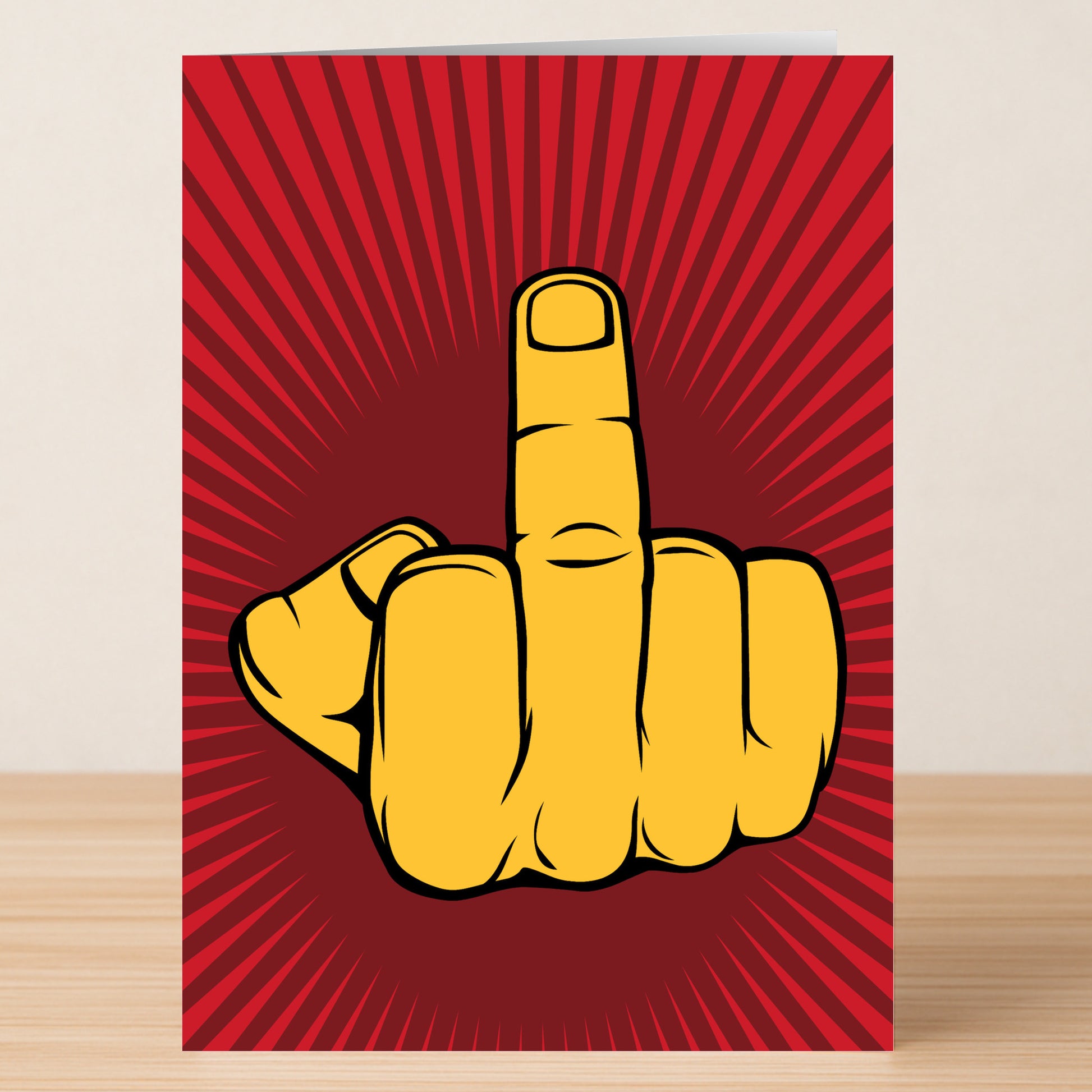 The Up Yours Rude Greeting Card by Twisted Gifts features a yellow hand giving the middle finger on a red background with radiating lines—ideal for sending a funny or cheeky message.