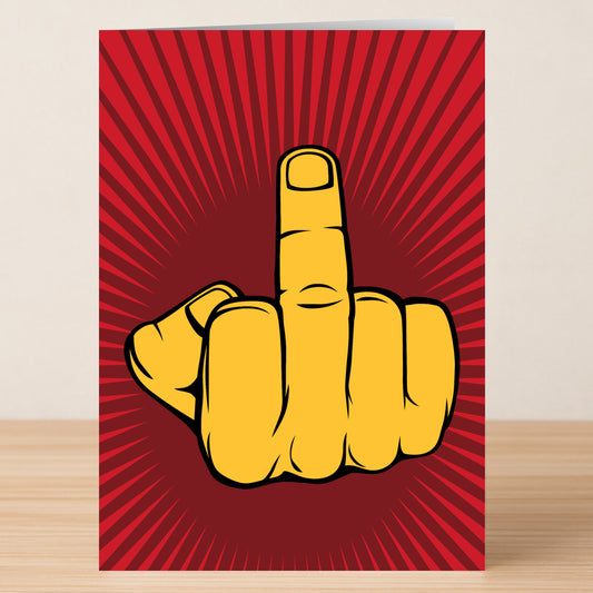 The Up Yours Rude Greeting Card by Twisted Gifts features a yellow hand giving the middle finger on a red background with radiating lines—ideal for sending a funny or cheeky message.