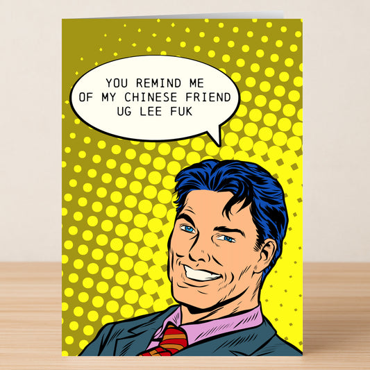 The Chinese Friend Insulting Greeting Card by Twisted Gifts features a cartoon man in a suit with a humorous speech bubble on a bright yellow dotted background—perfect for anyone who loves unique, funny cards.