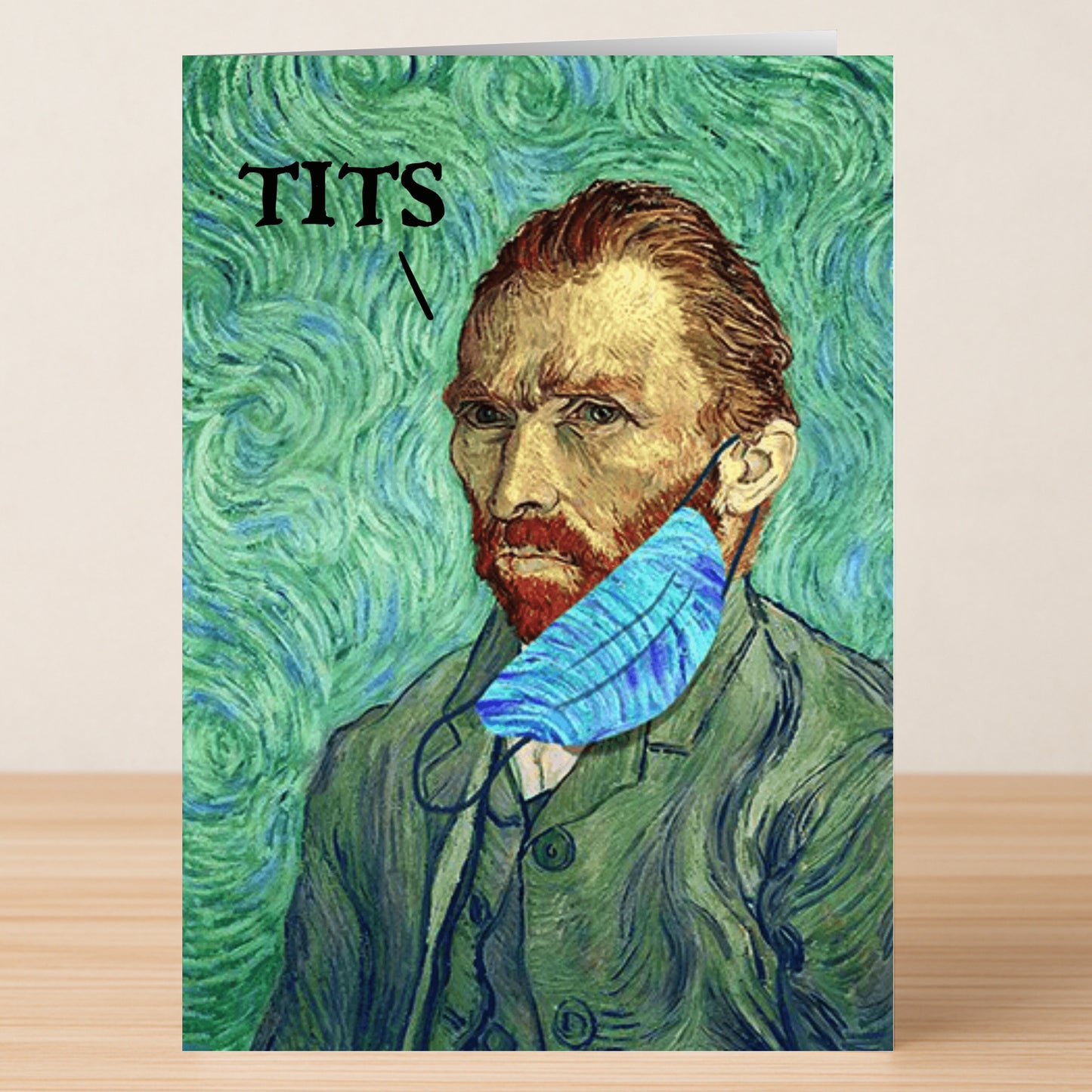 The Tits Rude Greeting Card by Twisted Gifts features Van Gogh’s self-portrait with a blue mask under his chin and “TITS” pointing to his forehead—a high-quality, witty card for anyone who loves cheeky humor.