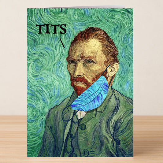 The Tits Rude Greeting Card by Twisted Gifts features Van Gogh’s self-portrait with a blue mask under his chin and “TITS” pointing to his forehead—a high-quality, witty card for anyone who loves cheeky humor.