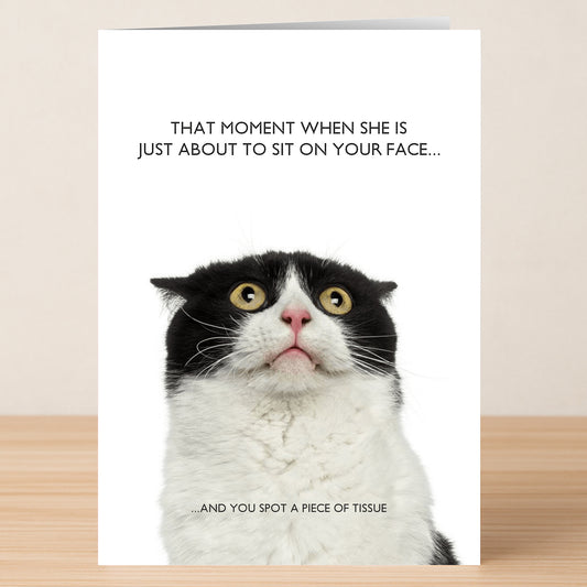 The Tissue Rude Greeting Card by Twisted Gifts features a wide-eyed black and white cat looking up, with text about spotting tissue at an awkward moment—a funny choice for birthdays or anyone who loves rude humor.