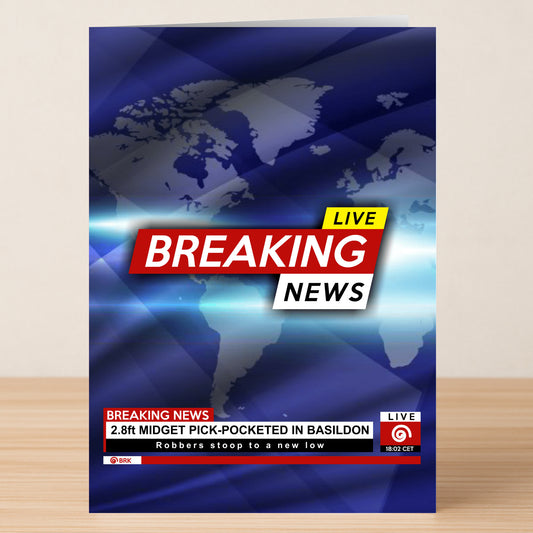 Twisted Gifts’ Pick Pocket Funny Greeting Card features a world map and the headline "2.8ft midget pick-pocketed in Basildon" with the subheading "Robbers stoop to a new low." A hilarious choice for anyone who loves witty, offbeat humor!.