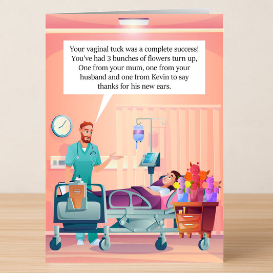 The New Ears Rude Greeting Card by Twisted Gifts features a doctor next to a woman in a hospital bed with flowers, offering hilarious well wishes for her successful surgery.