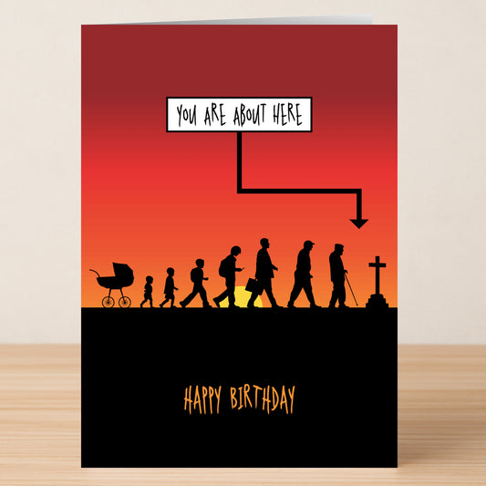 The Twisted Gifts About Here Insulting Birthday Card shows silhouettes from infancy to old age, an arrow pointing to "You are about here," funny insults, and "Happy Birthday" at the bottom.