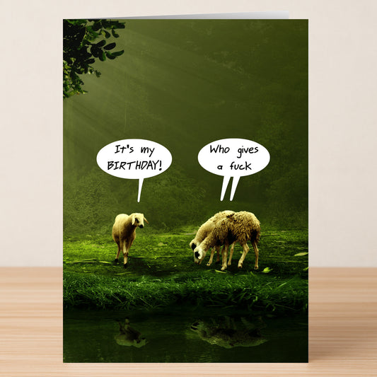 The "It's My Birthday Rude Birthday Card" by Twisted Gifts features two sheep on grass by a pond—one declares, "It's my BIRTHDAY!" while the other replies, "Who gives a fuck"—a cheeky, humorous gift for any celebration.