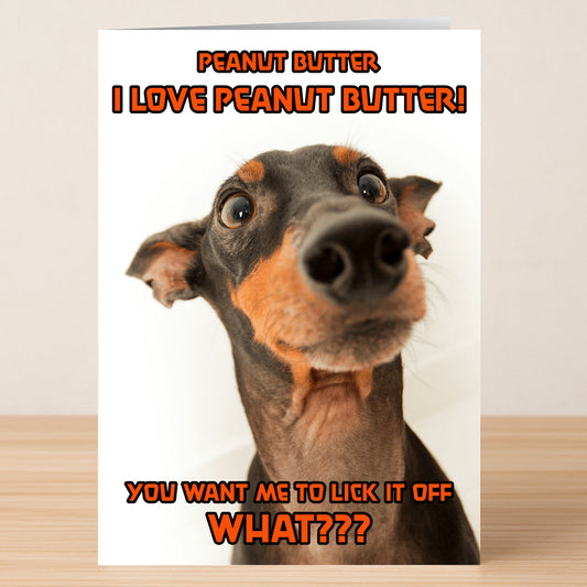 This Twisted Gifts Peanut Butter Funny Birthday Card shows a close-up of a wide-eyed curious dog with witty, bold text about licking peanut butter—making it the perfect humorous birthday greeting.