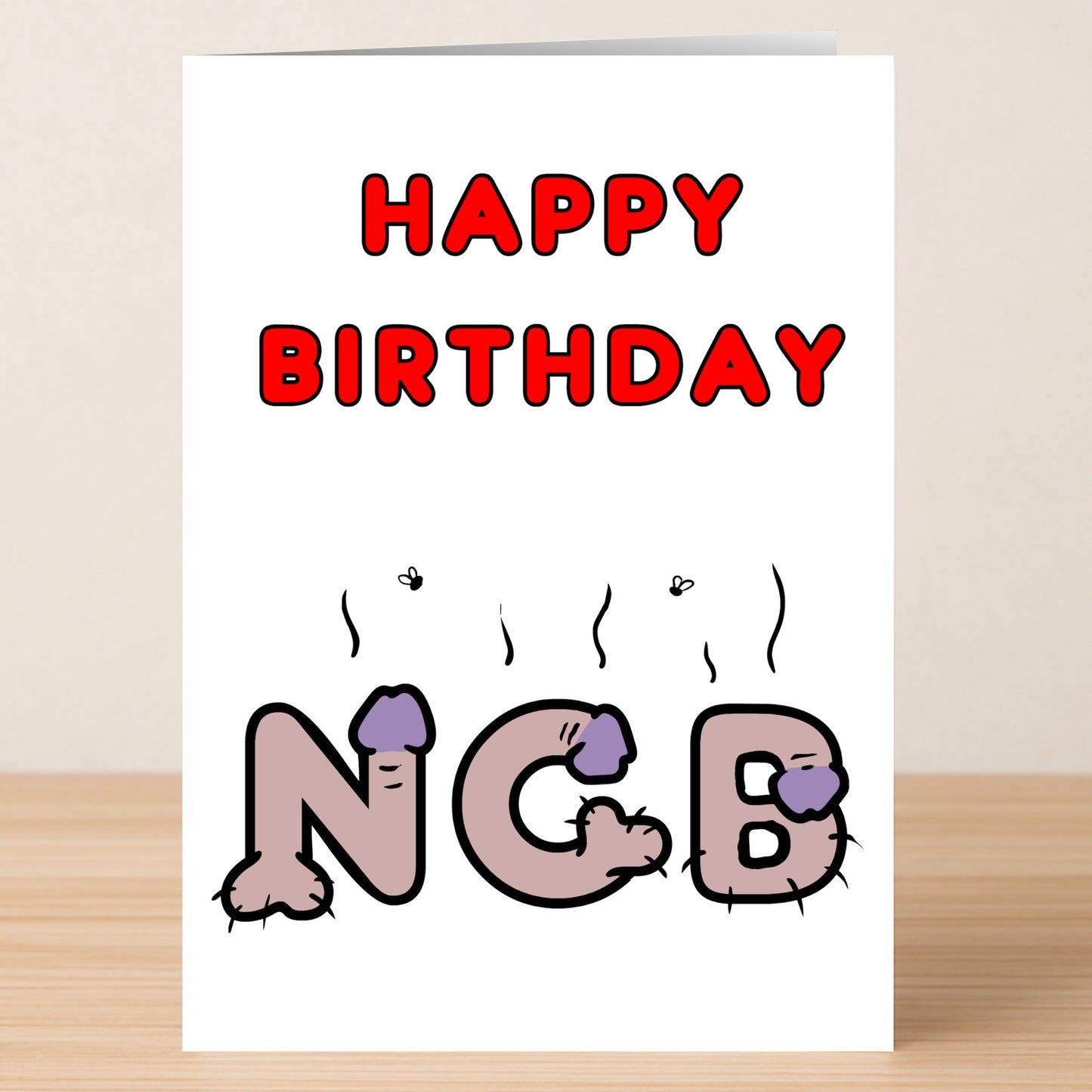 The Nob Rude Birthday Card by Twisted Gifts features “HAPPY BIRTHDAY” in red above cartoon letters “NCB” with cheeky, body part-inspired artwork and flies—a hilarious choice for those who love bold humor.