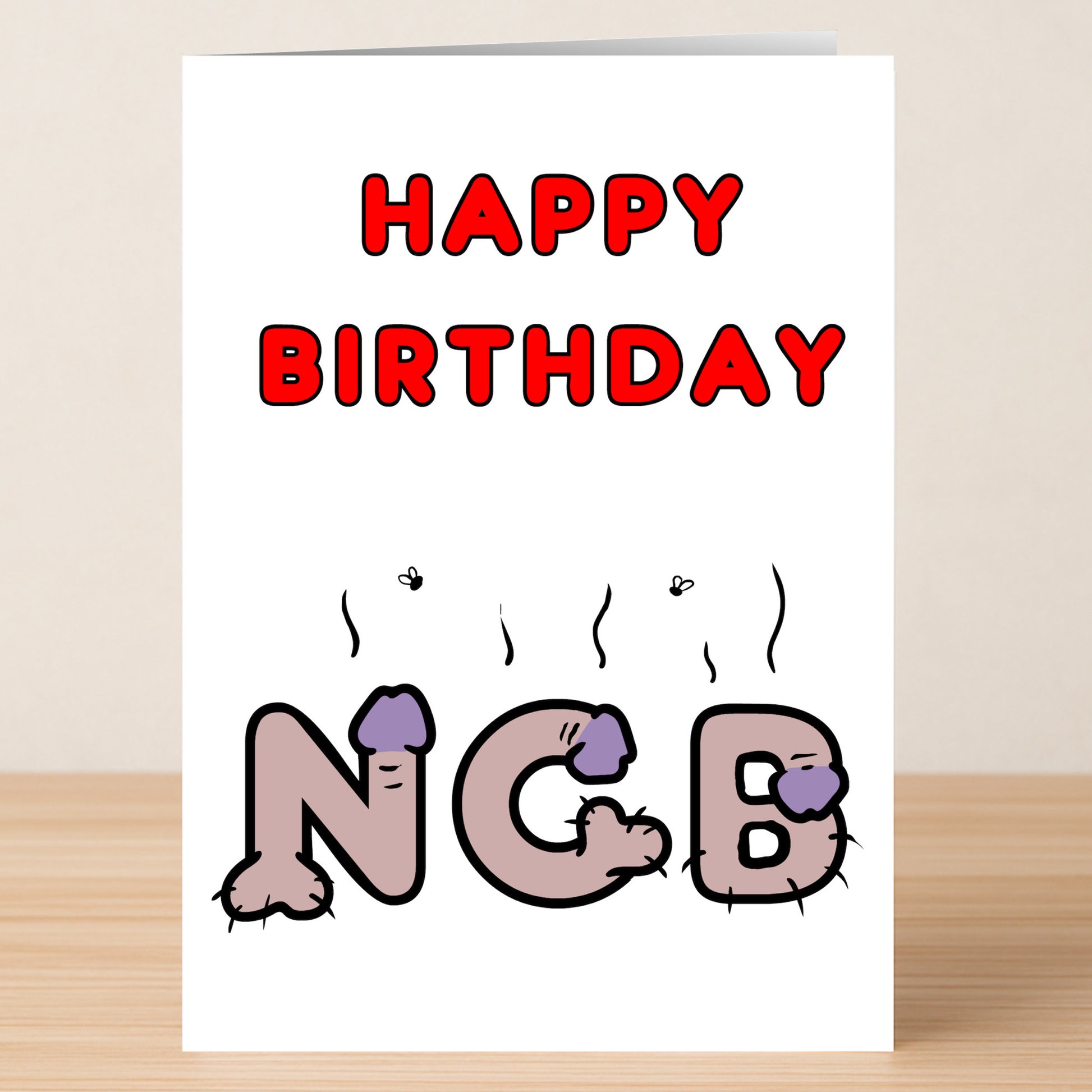 The Nob Rude Birthday Card by Twisted Gifts features “HAPPY BIRTHDAY” in red above cartoon letters “NCB” with cheeky, body part-inspired artwork and flies—a hilarious choice for those who love bold humor.