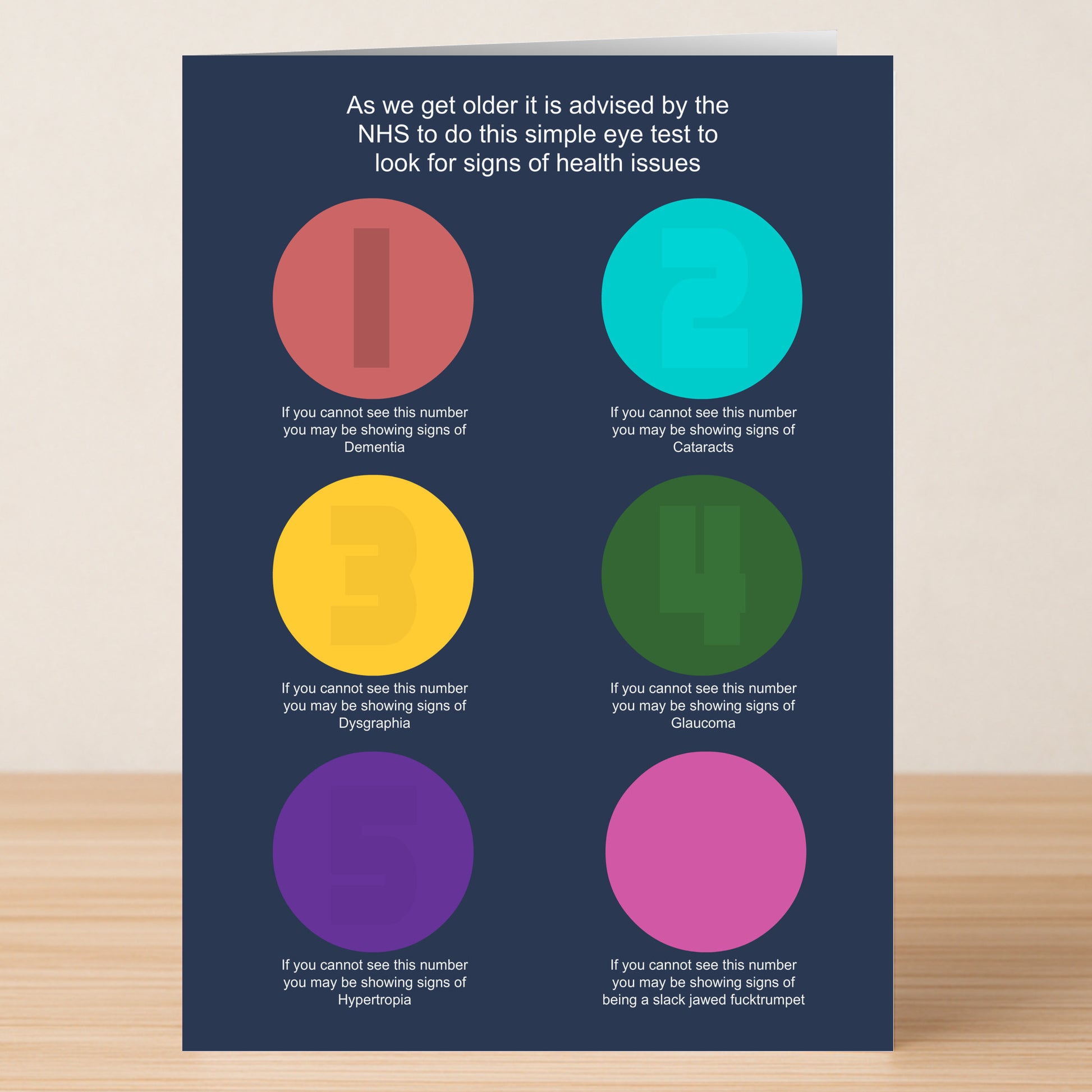 The Eye Test Funny Birthday Card by Twisted Gifts features six colorful circles with big numbers and witty messages about eye conditions, plus a playful NHS-style health advice header—a humorous birthday greeting.