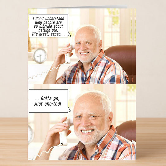 A white-haired man smiles while talking on the phone, then looks uncomfortable in the next panel. Speech bubbles add humor, making the Twisted Gifts Gotta Go Funny Birthday Card a perfect choice for birthdays.