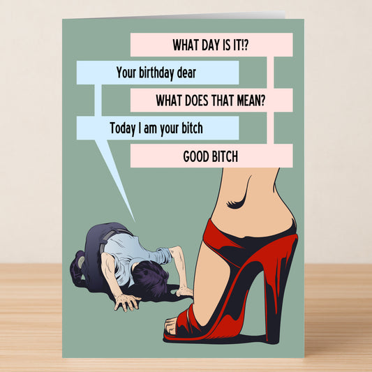 The Good Bitch Funny Birthday Card by Twisted Gifts features a kneeling figure bowing before someone in red high heels, with speech bubbles trading playful, dominating, and submissive birthday humor for a unique and hilarious design.