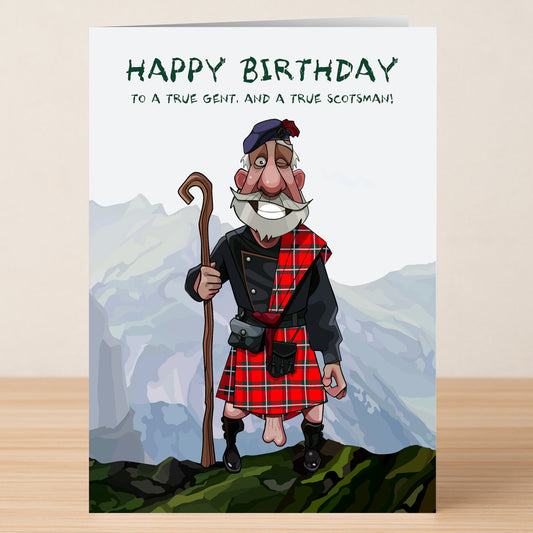 Twisted Gifts Scotsman Funny Birthday Card features a cartoon older man in Scottish attire with a shepherd's crook and the message, "Happy Birthday to a true gent. And a true Scotsman!" Perfect humorous birthday card.