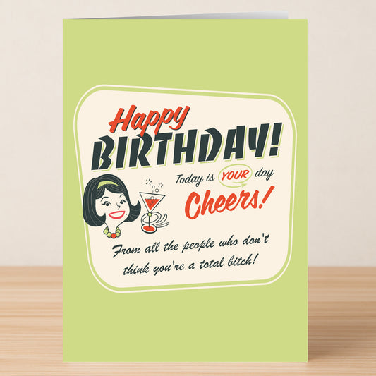 The "Today Is Her Day Funny Birthday Card" by Twisted Gifts features retro-style art of a woman with a cocktail and the cheeky message: "Happy BIRTHDAY! Today is YOUR day. Cheers! From all the people who don't think you're a total bitch!.