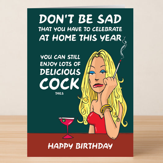 A cartoon woman in a red dress holds a cigarette next to Twisted Gifts’ Cock Tails Rude Birthday Card, featuring cheeky humor and a playful "Cock Tails" double entendre for celebrating birthdays at home.