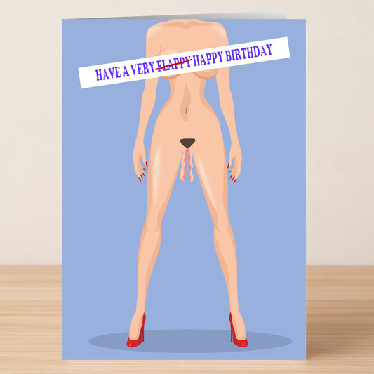 The Flappy Rude Birthday Card by Twisted Gifts features a cheeky illustration of a headless nude female in red heels with a witty chest message on a blue background—ideal for adding humor to any birthday celebration.