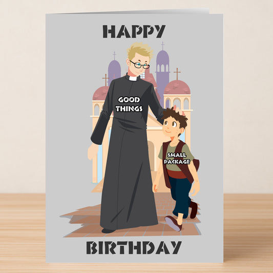 The Good Things Funny Birthday Card by Twisted Gifts features an illustrated priest labeled "Good Things" and a boy labeled "Small Package" outside a church, with "Happy Birthday" above and below—witty, lighthearted humor for birthdays.