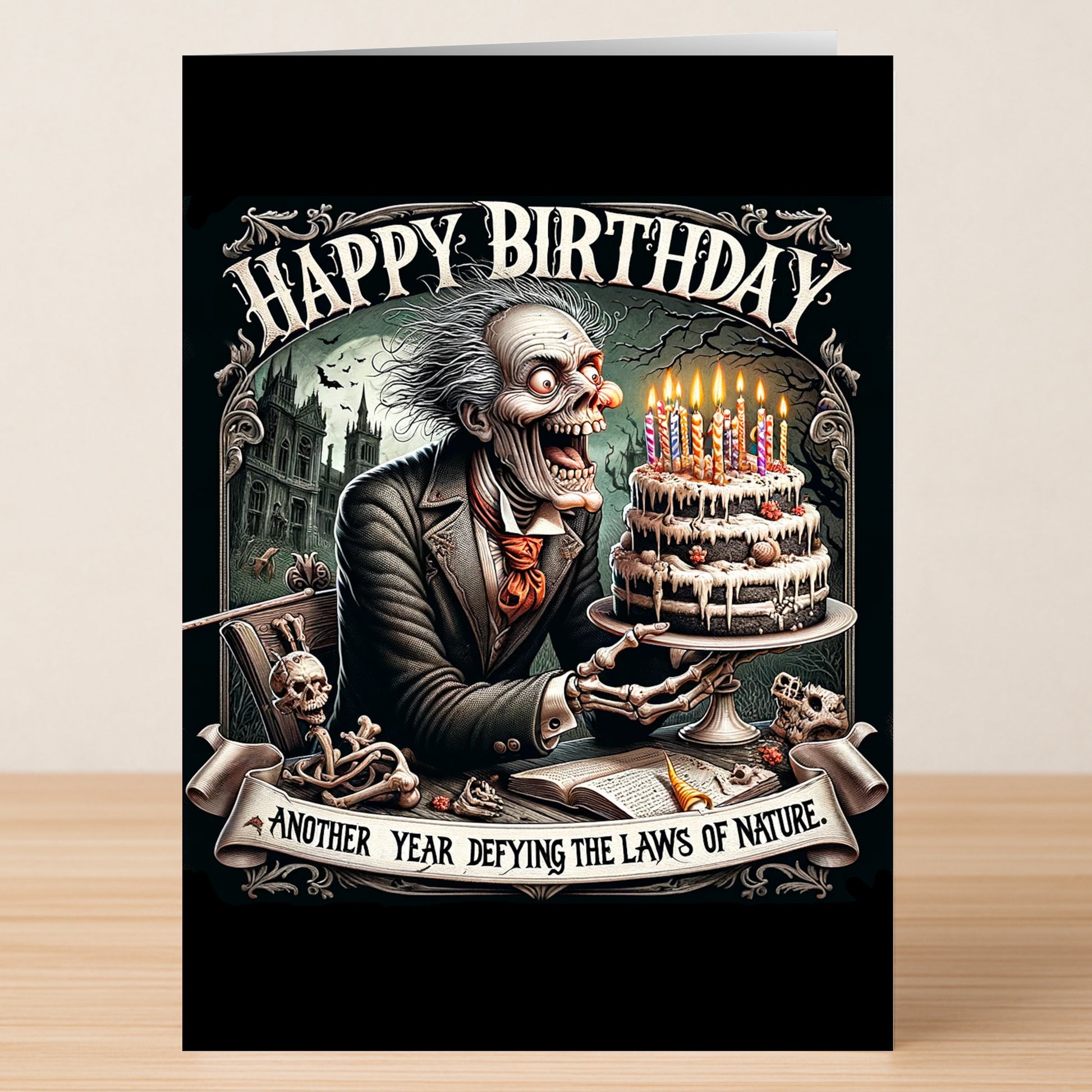 The Defying Nature Him Funny Birthday Card by Twisted Gifts features a gothic skeleton with a cake and the witty message, "Happy Birthday. Another year defying the laws of nature," accented by skulls and gothic decor.
